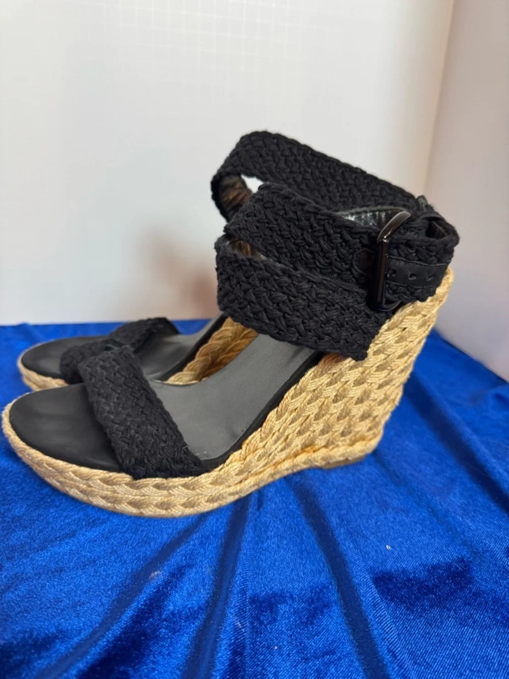 Stuart Weitzman Black Braided Espadrille Wedge Sandals with Ankle Wrap - Picture 5 of 8
